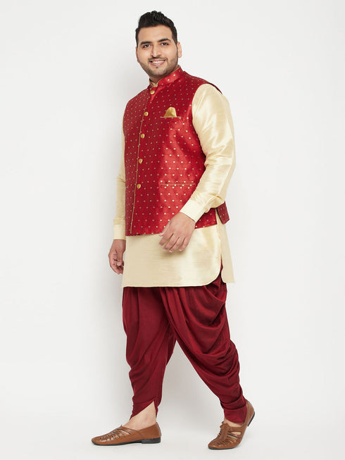 Vastramay Men's Plus Size Gold Zari Weaved Nehru Jacket With Curved Kurta Dhoti set